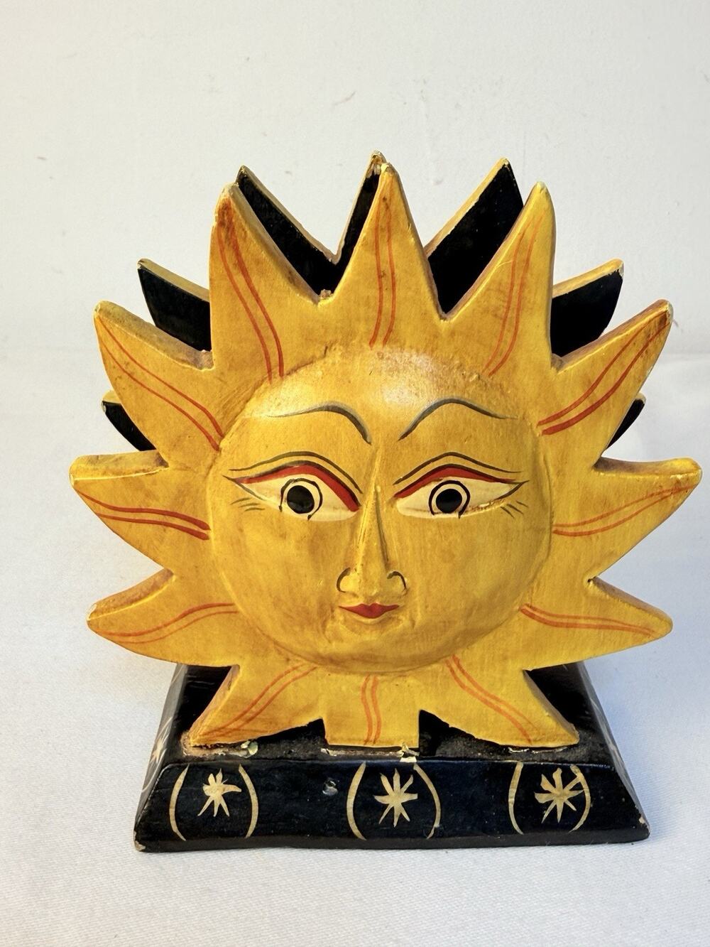 Vtg Folk Art Hand Painted Wooden 90’s Sun Face Napkin/ Letter Holder -read